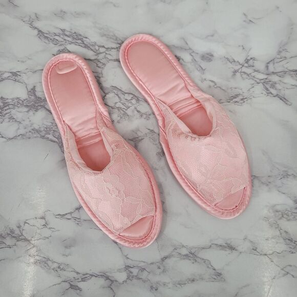 Vintage Pink Satin and Lace Women's House Slippers 60s Peep Toe - Picture 2 of 9